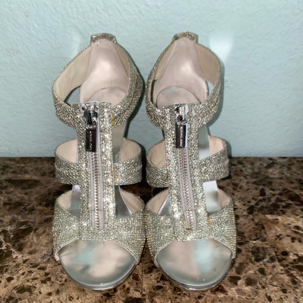 Michael Kors Silver Pumps Open Toes with Front Zipper